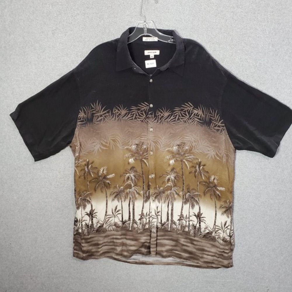 VINTAGE Pierre Cardin Men Button Up Shirt 2XL Palm Trees Hawaiian Graphic Collar